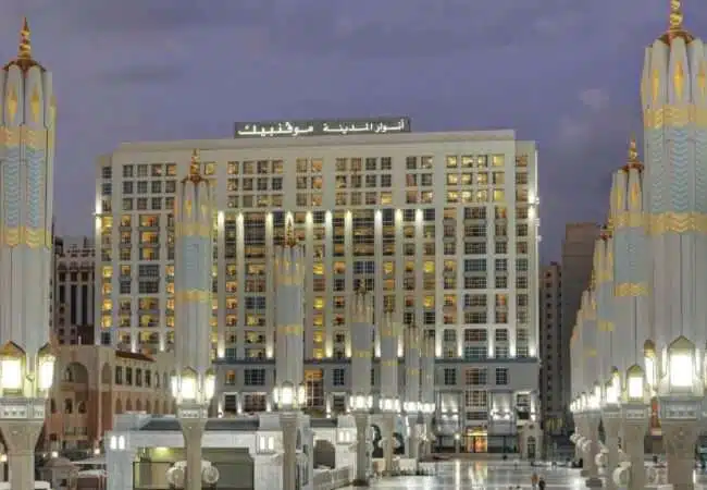 Exterior of Anwar Al Madinah Mövenpick Hotel in Saudi Arabia, showcasing grand architecture and luxurious design.